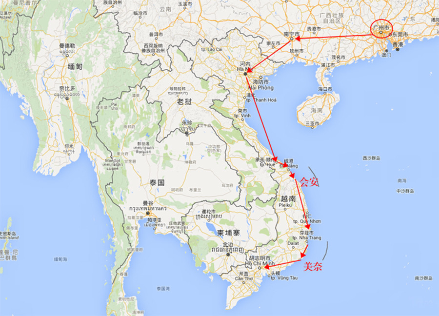 河内→顺化→岘港→会安→芽庄→美奈→胡志明市→金边→暹粒→广州