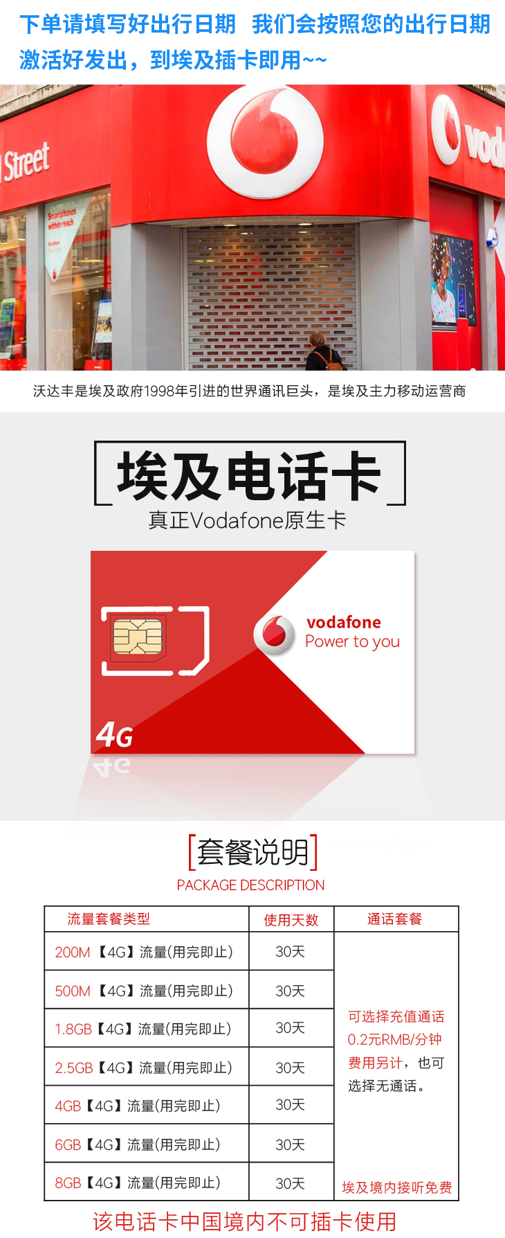 埃及30天vodafone 网络原生电话卡(深圳发货)