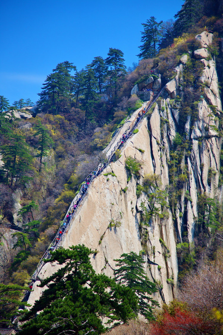 五云峰向下不远处便是华山险道苍龙岭了,苍龙岭的坡度约45度,一条宽不